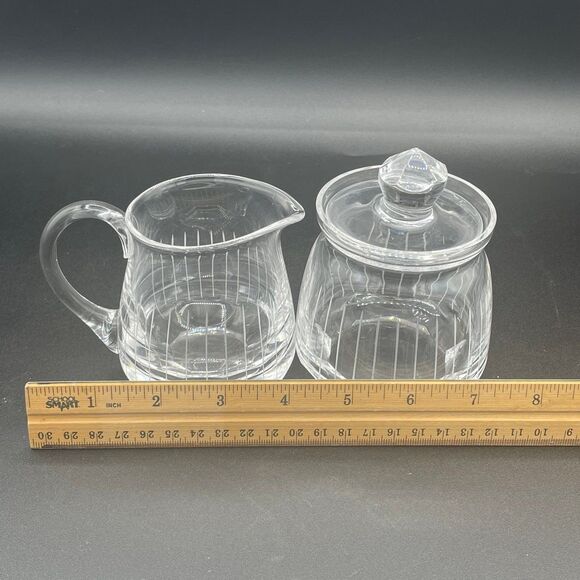 Vintage Crystal Clear Glass Cream and Sugar Faceted Lined Set 3 pc Set - Picture 9 of 10